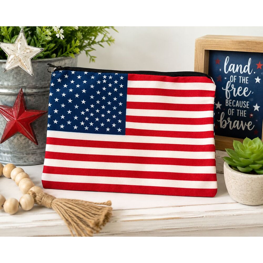 American Flag Zipper Pouch Cosmetic Bag Patriotic Travel Organizer 6.25 x 8.5